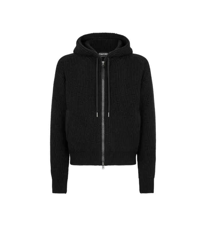 MERINO HALF CARDIGAN STITCH HOODIE BLACK online